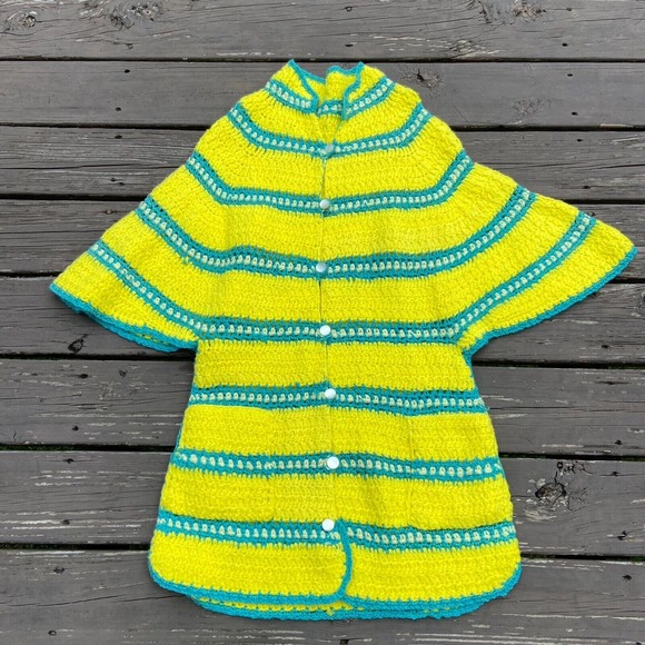 Vintage 70s Handmade Knit Yellow Striped Crochet Sweater Cape Cardigan Sweater - Picture 3 of 10